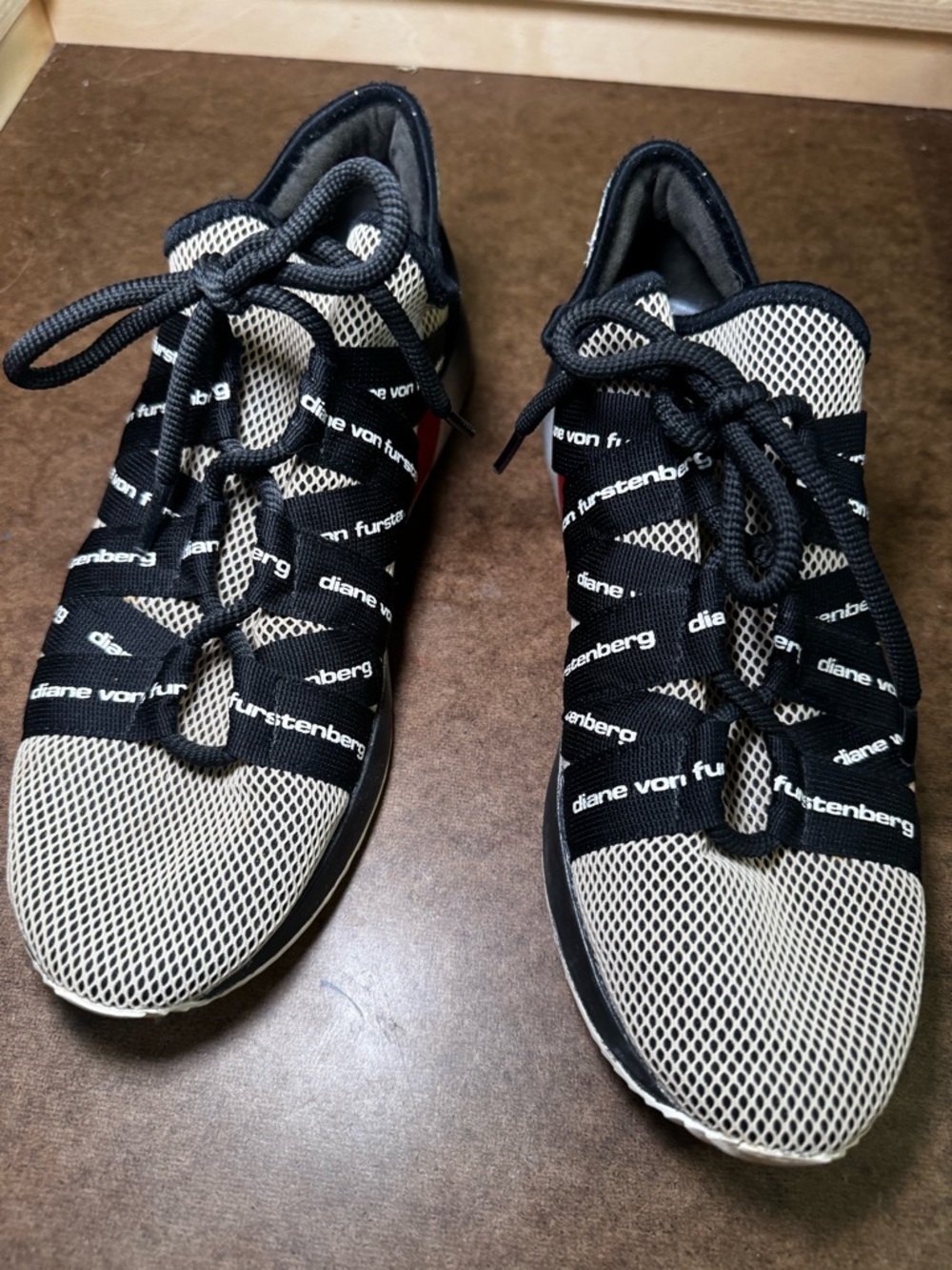 Diane Von Furstenberg Beige and Black Mesh Athletic Sneaker with Red Accent - Picture 6 of 9
